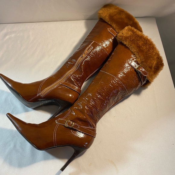 ❌lui chung  patton leather tall boots 8 real fur 4” heel  knee-high - Picture 2 of 12